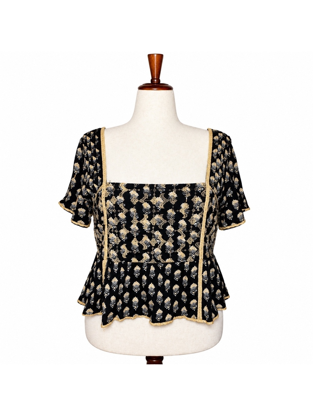 American Eagle Black and Beige Floral Print Peplum Top XL